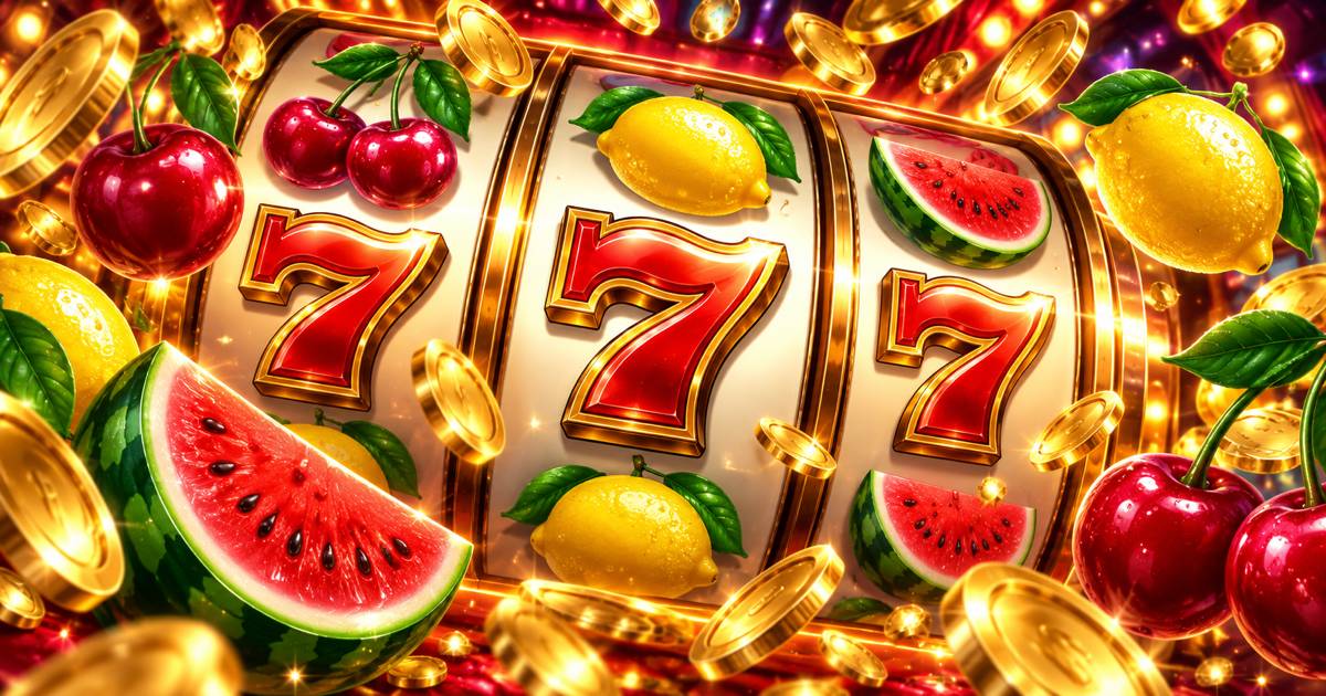 Carretes de tragamonedas con frutas brillantes y sietes dorados